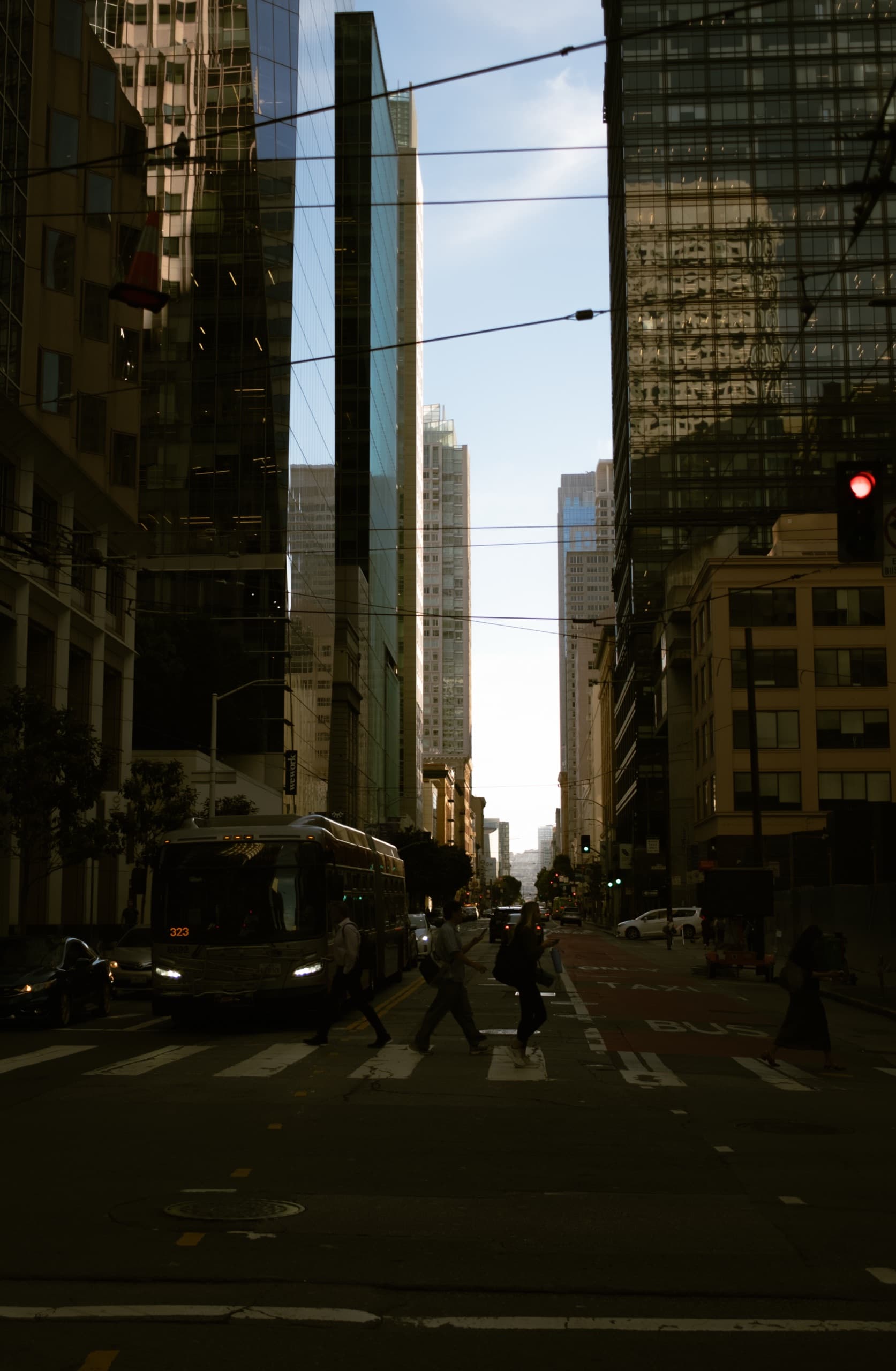 Dusk street canyon, striped crosswalk, pedestrians, a silver Muni bus, red light, overhead wires.
