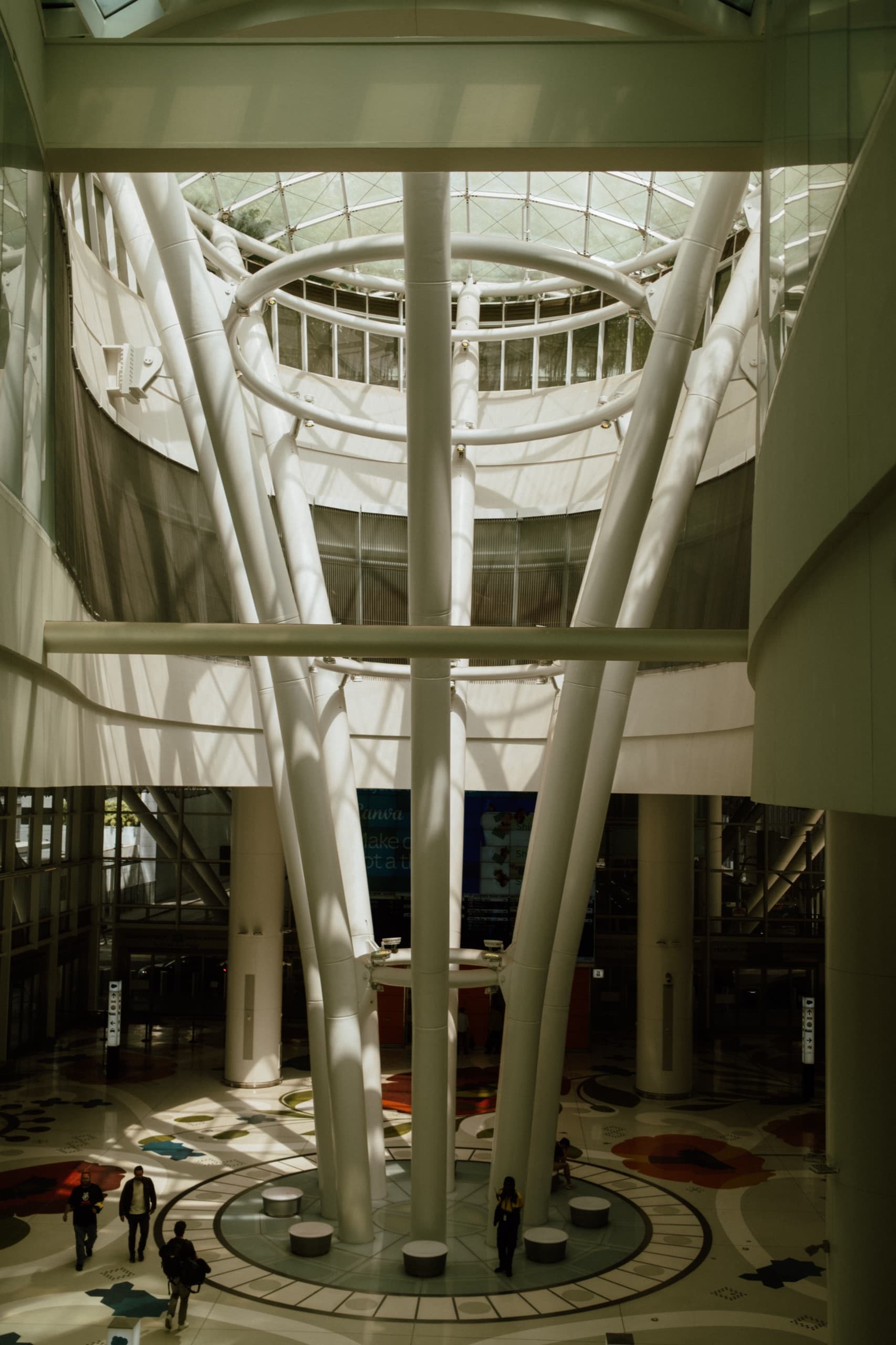 Transit-center atrium, white tubular columns to a circular glass skylight.