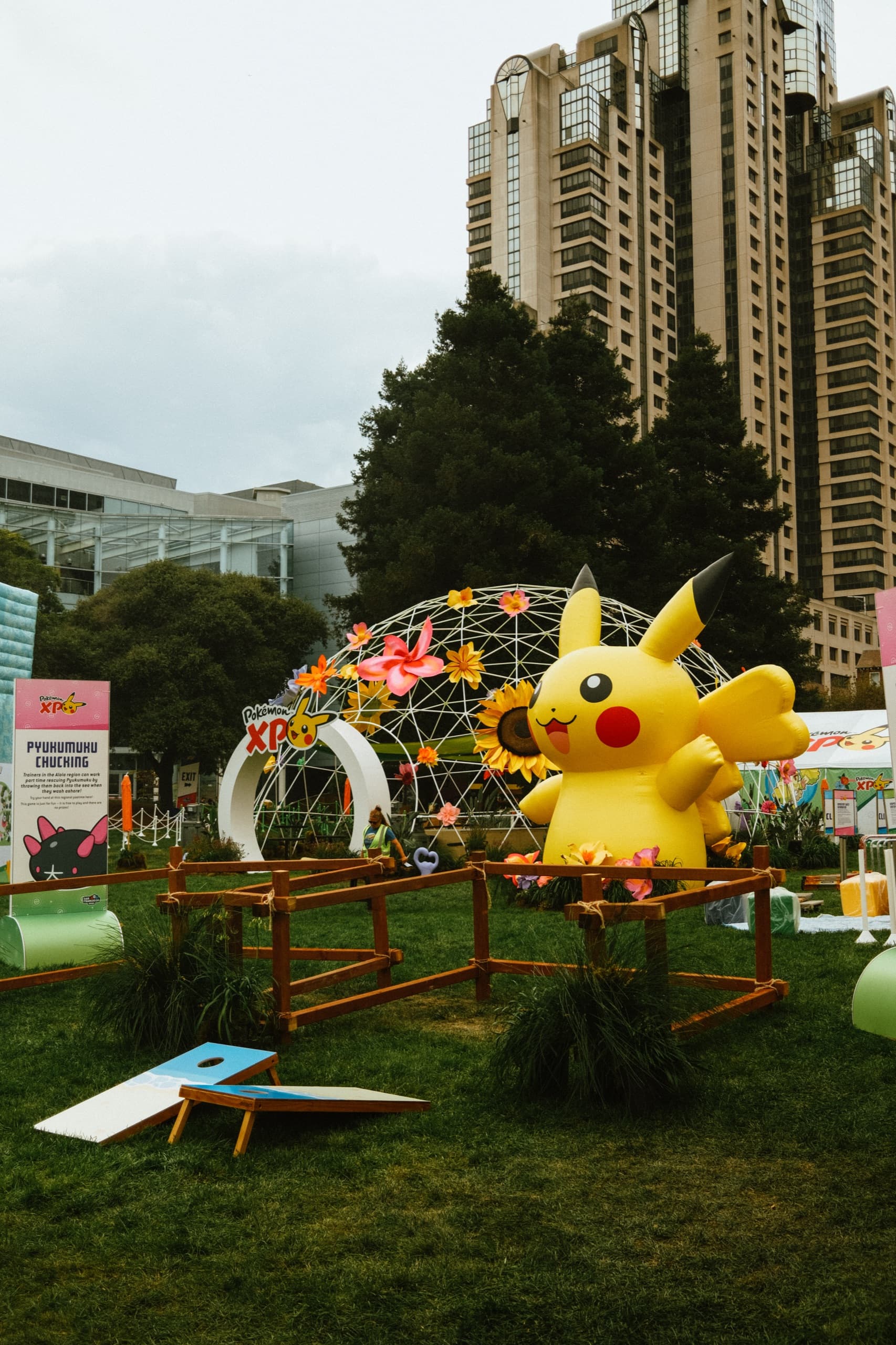 Inflatable Pikachu, Pokémon XP arch, flowered geodesic dome near Moscone.